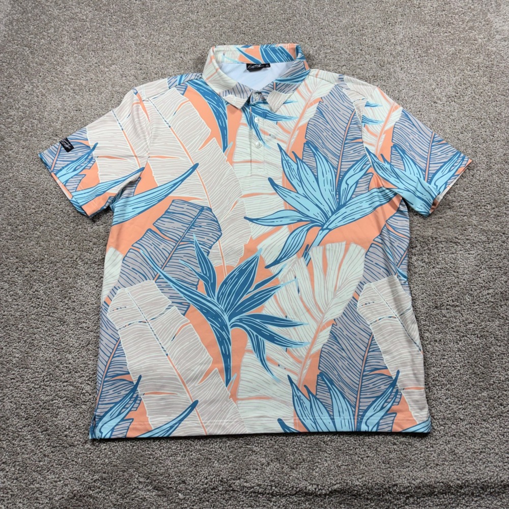 Sunday Swagger Mens XL Tropical Leaf Performance Golf Polo Shirt Blue Peach